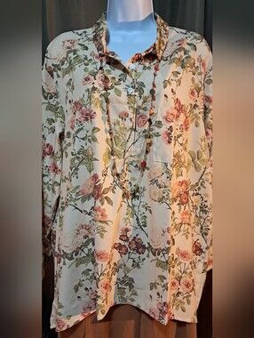 Floral Print Long-Sleeve Blouse - Cream with Pink & Green